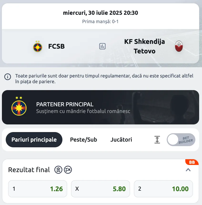 Cote FCSB -Shkendija la Betano