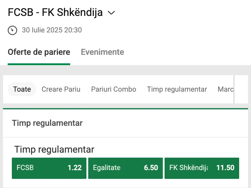 Cote Pariuri FCSB vs Shkendija Unibet