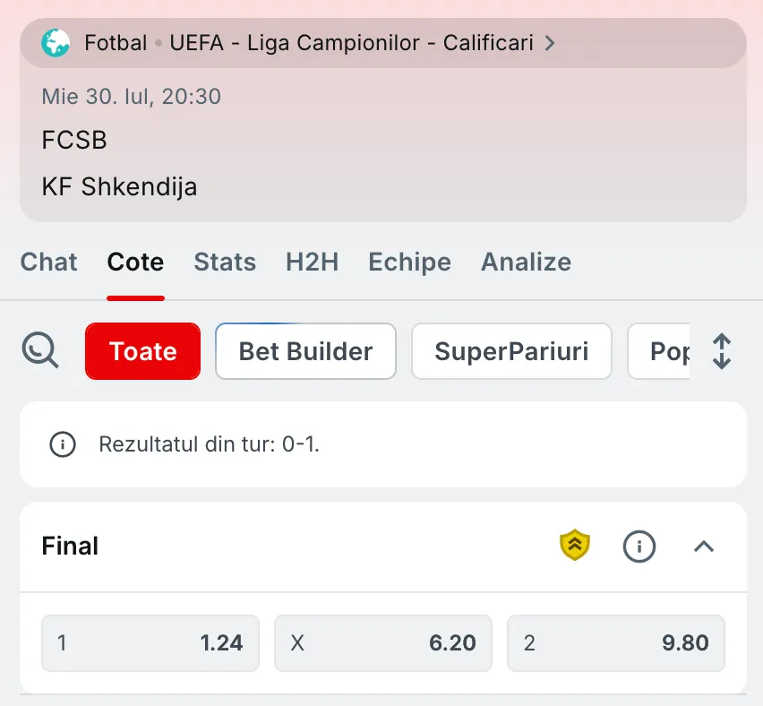 Cote Pariuri FCSB vs Shkendija la casa de pariuri Superbet